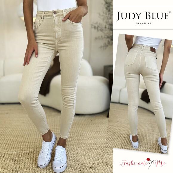 Judy Blue High Rise Waist Garment Dyed Tummy Control Skinny Denim Jeans | Bone - Picture 1 of 6